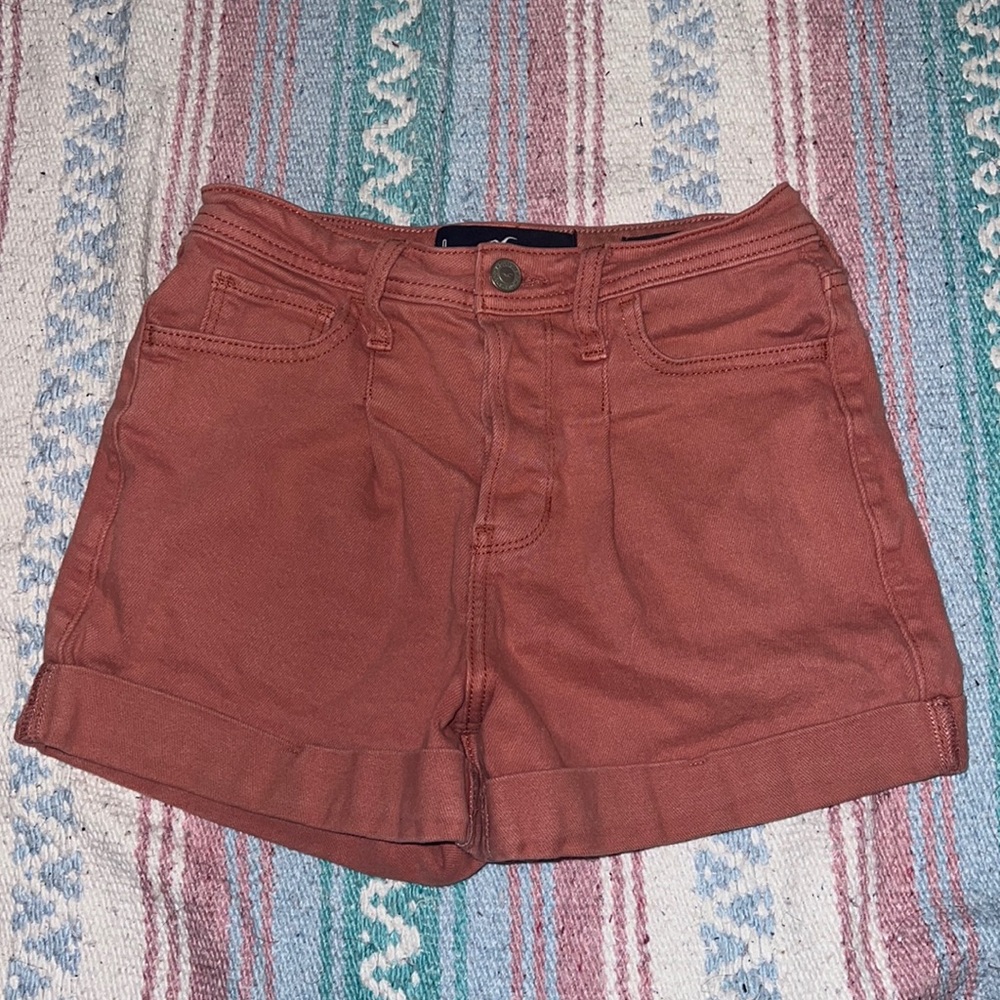 Hollister coral red denim ultra high-rise mom shorts